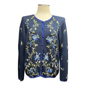 All Points Reference Point Vintage Button Up Cardigan Sweater Floral Blue Medium